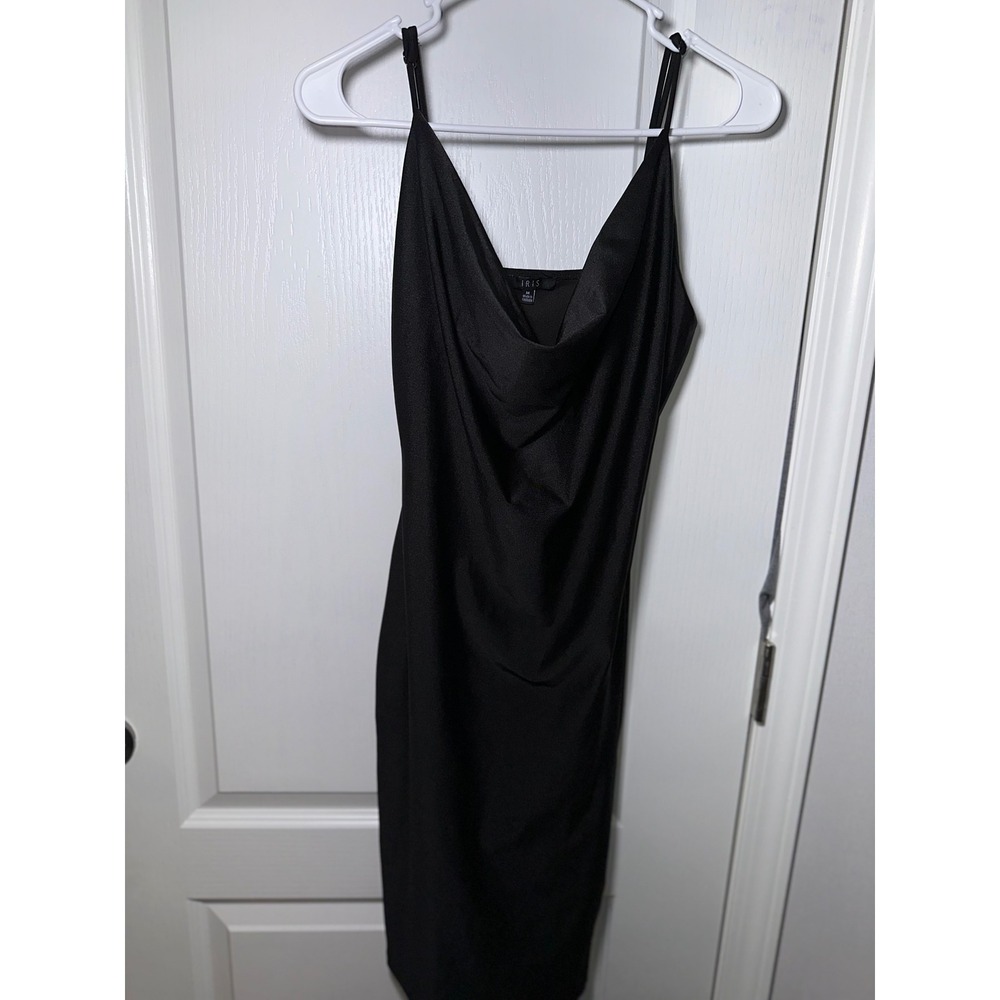 IRIS Black Cowl Neck Midi Dress Adjustable Spaghetti Straps Size Medium Bodycon